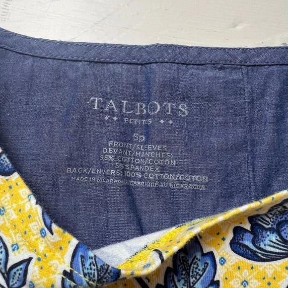 Talbots Petites Women's SP Yellow Blue Floral Top Preppy Classic - Picture 5 of 7